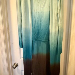 White House Black Market Ombre Mint, Teal , Brown Knit Top withMatching Duster
